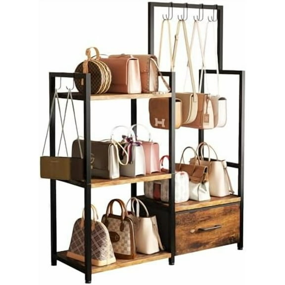 3-Tier Ironwood Purse Rack – Large Drawer & 6 Hooks for Handbag Storage ,Purse Display Shelf& Bag Organizer for Various Bags(Rustic Brown)