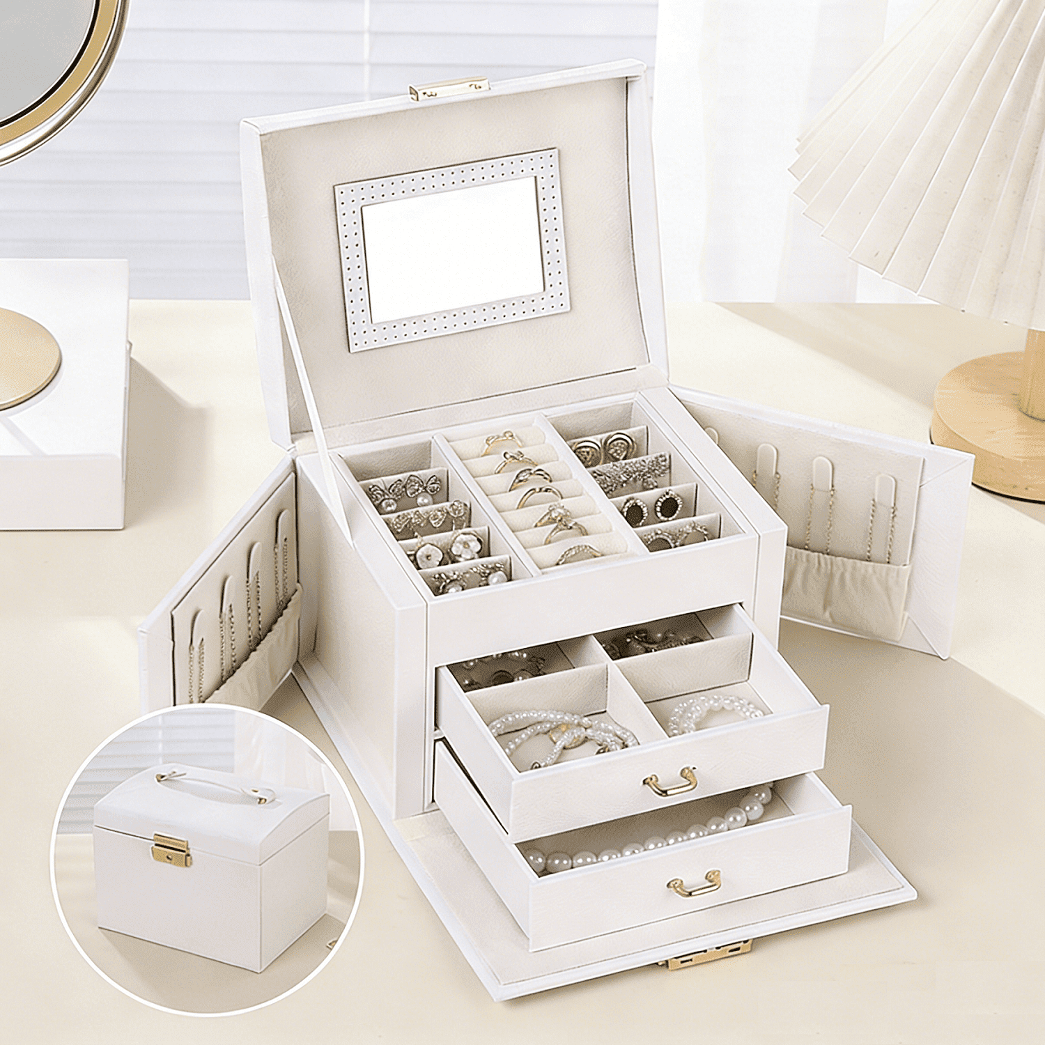 Jewelry Box for Women Girls, 3 Layers Jewelry Organizers and Storage with Mirror and HandlePU Leather Decorative Storage Boxes with LockDisplay Holder for Neckl