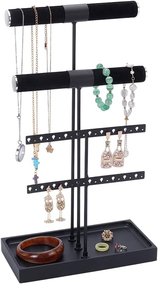 Pinzoveco 4-Tier Jewelry Organizer Stand With Tray - Earring, Necklace, Ring Holder (Gold & Black)
