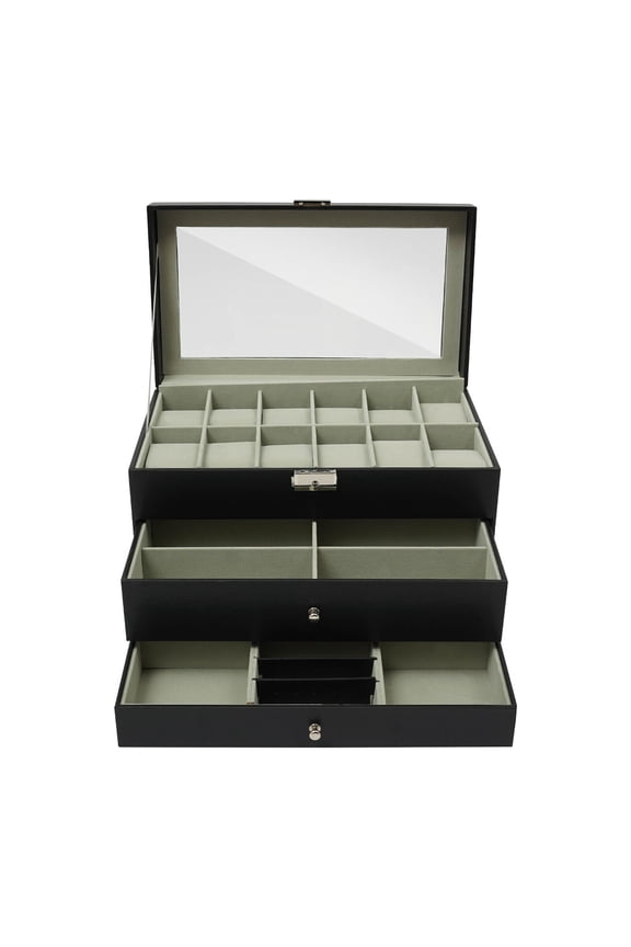 3-Tier Jewelry Organizer Box - Premium Density Board Watch & Jewelry Storage Case with Adjustable Compartments for Rings, Necklaces, Earrings - Stylish Display & Travel-Friendly Design