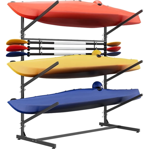 3-Tier Kayak Storage Rack, 600LBS Max Load, Weatherproof Steel Freestanding Design for Kayaks, Paddle Boards, Canoes, Surfboards, Adjustable Height & Paddle Hooks for Garage, Backyard, Dock
