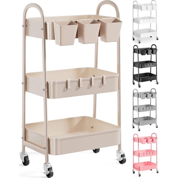 3 Tier Khaki Metal Utility Rolling Cart, Storage Cart with Handle and Lockable Wheels, Multifunctional Organizer Trolley with Mesh Storage Baskets for Kitchen, Office, Living Room, Laundry, Garage