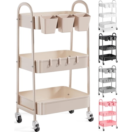 3 Tier Khaki Metal Utility Rolling Cart, Storage Cart with Handle and Lockable Wheels, Multifunctional Organizer Trolley with Mesh Storage Baskets for Kitchen, Office, Living Room, Laundry, Garage