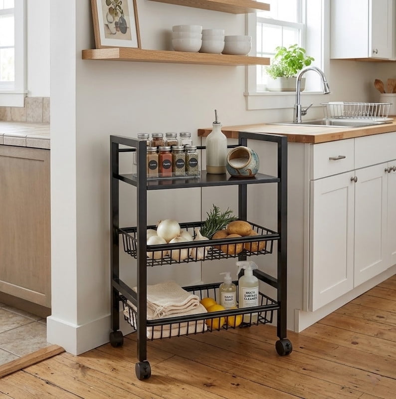 3-Tier Kichen Storage Shelf with Wire Baskets, Multifunctional Utility Serving Cart Kitchen Organizer Rack with Pulley for Vegetable Fruit Storage
