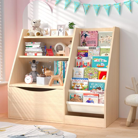 3 Tier Kids Bookshelf and Book Storage6 Sling Toddler Bookshelf, Storage Boxes Book Shelf & Organizer for Nursery Playroom Classroom Library Bedroom Natural Wood