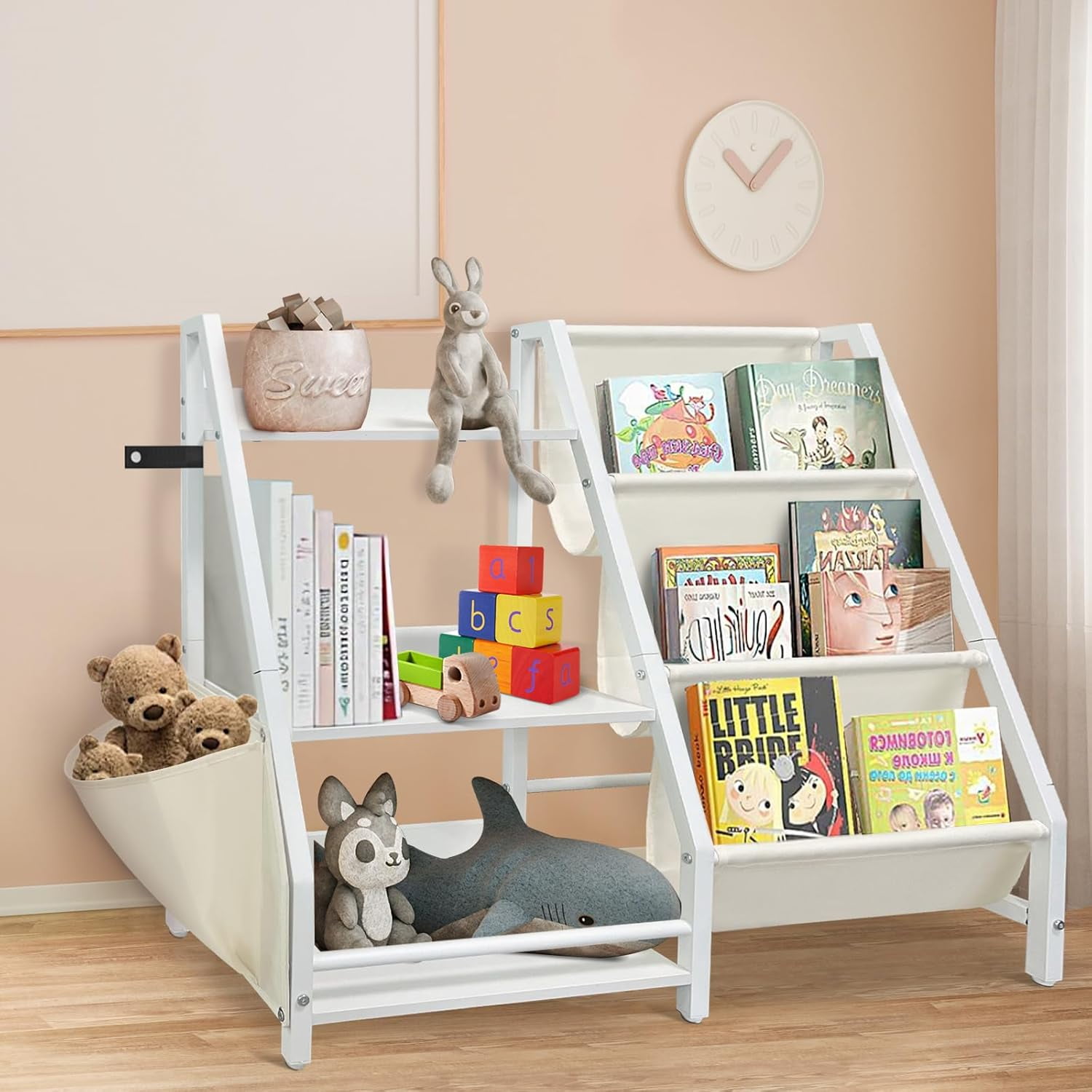 3-Tier Kids Bookshelf & Toy Organizer – Storage With Shelves & Bins, White, Easy Assembly