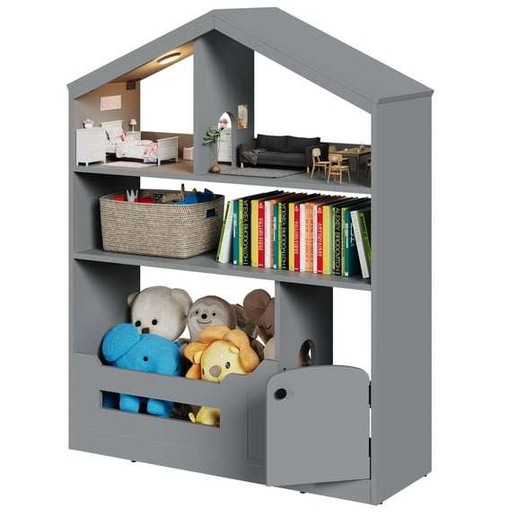 3-Tier Kids Bookshelf, Wooden Book Shelf, Toy Storage Organizer with Motion Sensor Light, Wide Wooden Bookcase with Anti-Tip Device for Nursery, Playroom, Bedroom