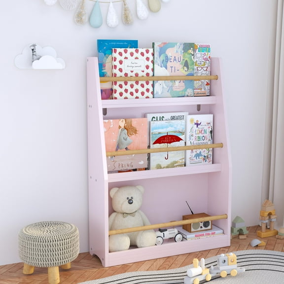 3 Tier Kids Bookshelf, Wooden Bookcase with Storage, Book Display Shelf for Toddlers Children Room Furniture, Toy Book Storage Organizer in Playroom Nursery Bedroom, Kids Book Rack, Pink