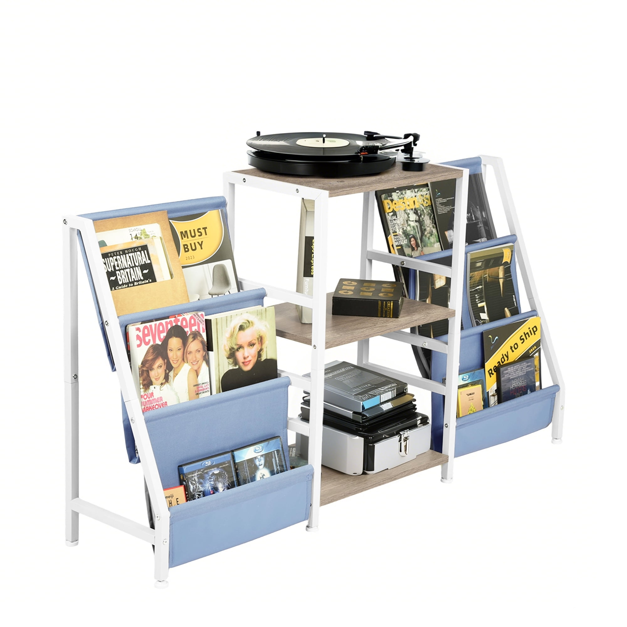 3-Tier Kids Bookshelf, Wooden Storage Organizer with Fabric Sling Pockets, Low Book Toy Shelf for Bedroom Playroom