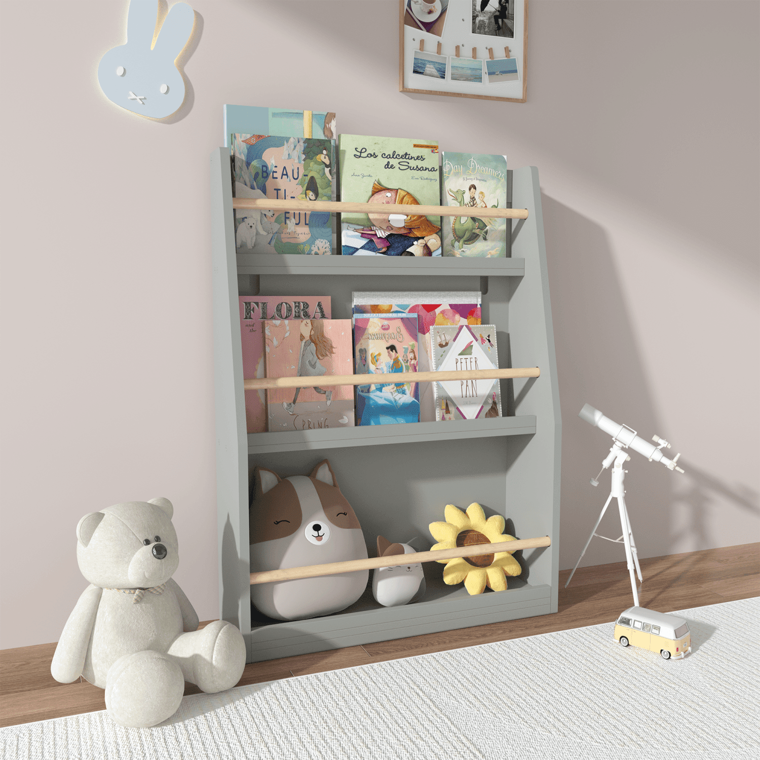 3-Tier Kids Front-Facing Book Rack, Pine & MDF Children Bookshelf with Anti-Tip Hardware for Bedroom Playroom Nursery Classroom