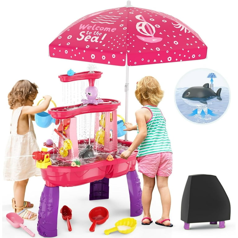 3-Tier Kids Sand Water Table with Pink Umbrella Cover, Toddlers