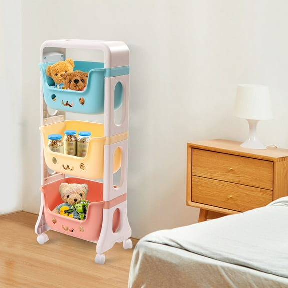 3 Tier Kids Toy Organizer Storage Bin Plastic Shelf Rack Playroom Rolling Toy Box Storage Basket Utility Rolling Cart