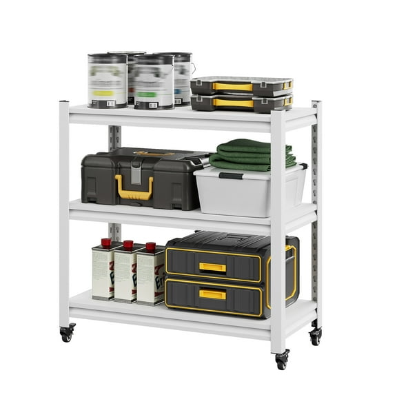 3-Tier Kitchen Baker's Rack with Rolling Wheels, Microwave Oven Cart Stand, Adjustable Utility Shelving Storage Unit, Heavy Duty Organizer Rack for Living Room, Garage, Home and Office (White)