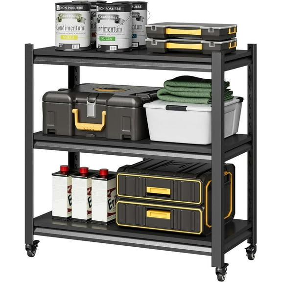 3-Tier Kitchen Baker's Rack with Rolling Wheels, Microwave Oven Cart Stand, Adjustable Utility Shelving Storage Unit, Heavy Duty Organizer Rack for Living Room, Garage, Home and Office (Black)