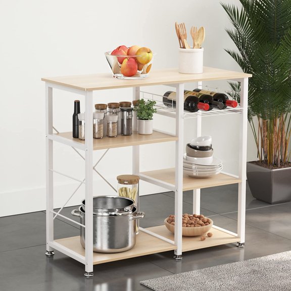 3-Tier Kitchen Bakers Rack with Wine Rack in White Maple Finish