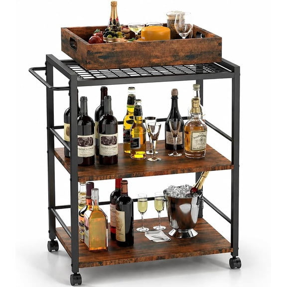 3 Tier Kitchen Cart, Rolling Bar Cart, Rustic Brown&Black | 3 Tier Rolling Bar Cart, Mobile Kitchen Serving Cart for Tea, Coffee & Liquor with Removable Tray