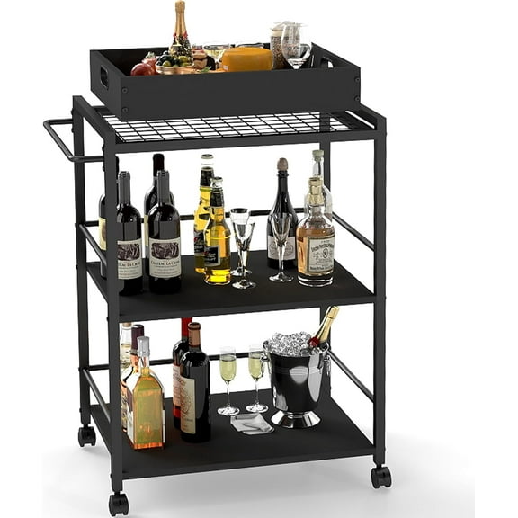 3 Tier Kitchen Cart, Rolling Bar Cart for Tea, Coffee, Liquor, and Drink Service with Removable Serving Detachable Server, Black