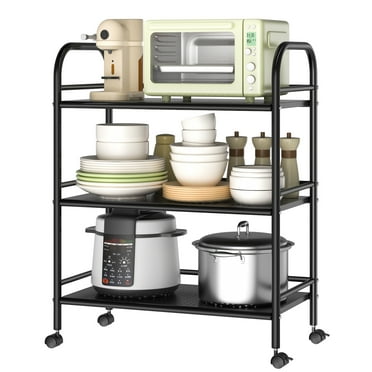 3-Tier Metal Rolling Cart, Shelving Unit Storage Rack Kitchen Cart Island with Shelves, Heavy Duty Multifunctional Metal Frame with 2 Lockable Wheels for Home Office Kitchen Bathroom Bedroom, Black 
