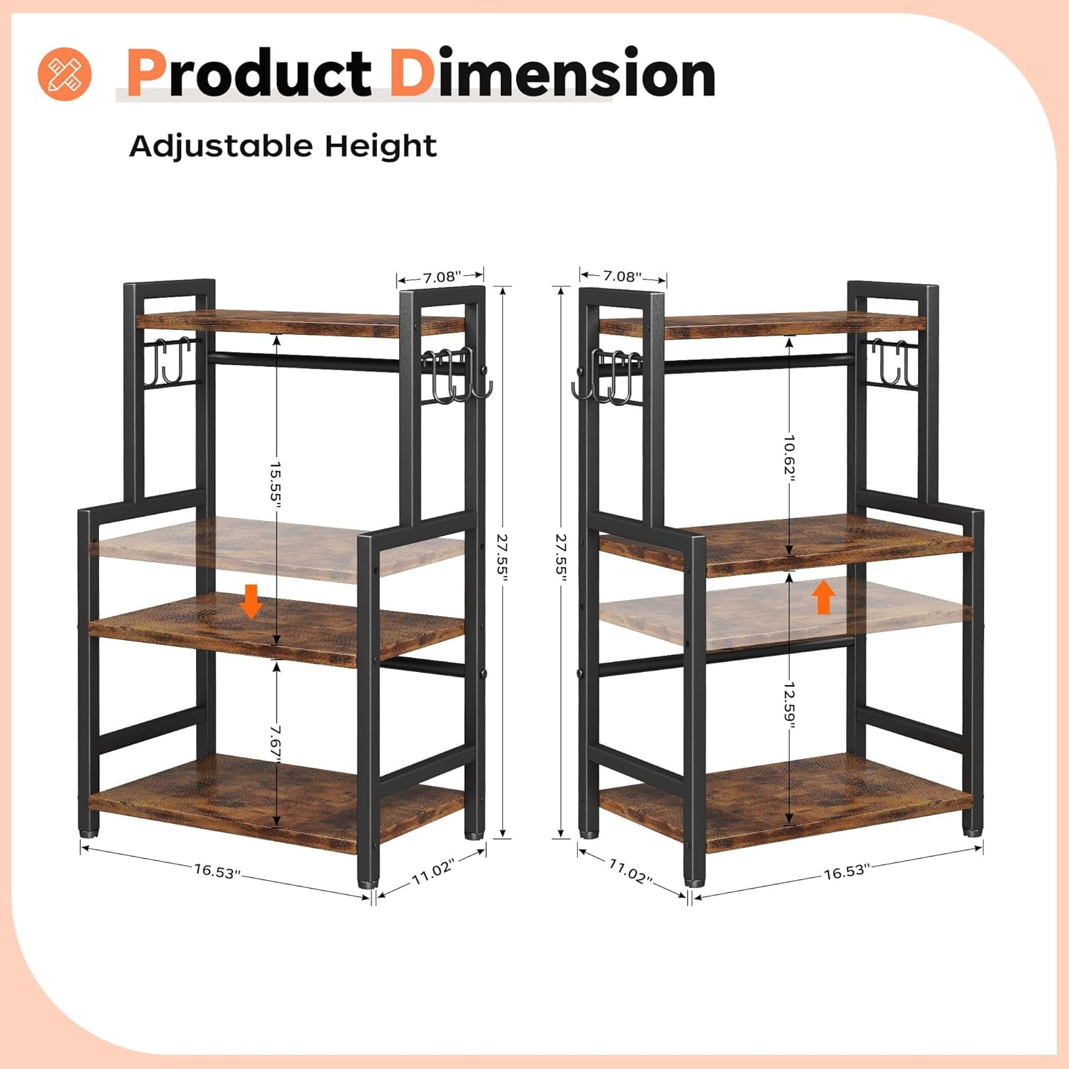 3-Tier Kitchen Countertop Organizer with Adjustable Shelves and 5 Hooks ...