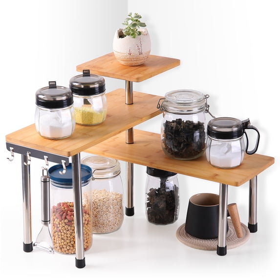 Ollieroo 3 Tier Corner Shelf Bamboo Countertop Organizer Bookshelf Display Shelves Space Saving Rack for Living Room Kitchen Office with Hooks