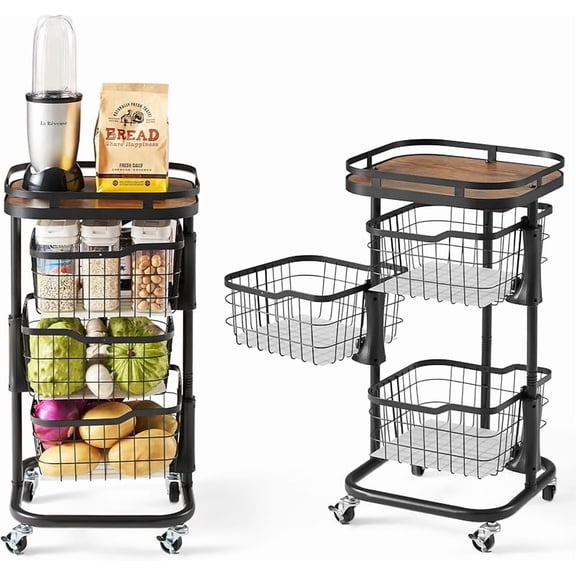 3 Tier Kitchen Fruit Vegetable Storage Cart with One-Piece Rotating Basket, Pantry Organizer Shelf Rack Floor Stand for Veggie Onion Potato Produce Spice, Rolling Snack Cart on Wheels, Black