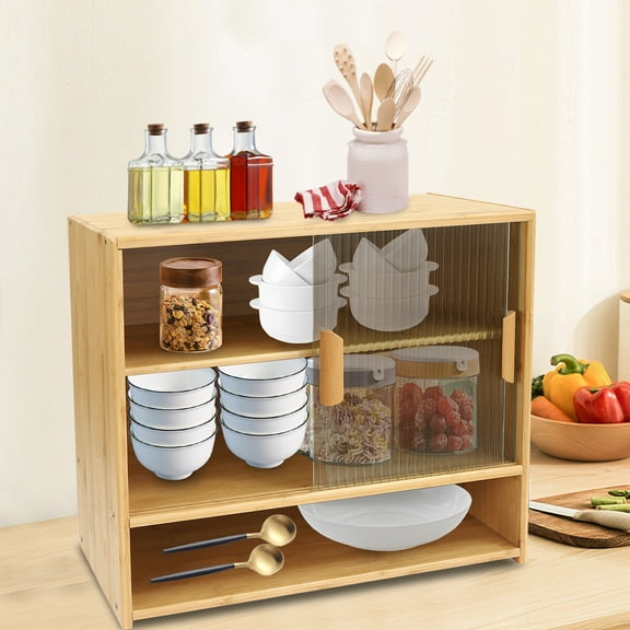 3-Tier Kitchen Pantry Sideboard Bamboo Countertop Storage Cabinet Home Organizer Used In Kitchens, Bathrooms, Bedrooms