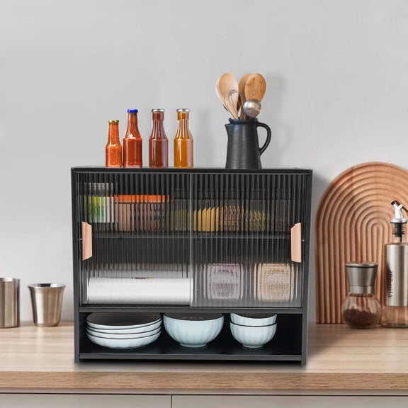 3 Tier Kitchen Pantry Storage Cabinet Small Kitchen Cabinet with Countertop Counter Cabinet with 2 Glass Sliding Door Bamboo Countertop Storage Cabinet for Kitchen, Living Room (Black)