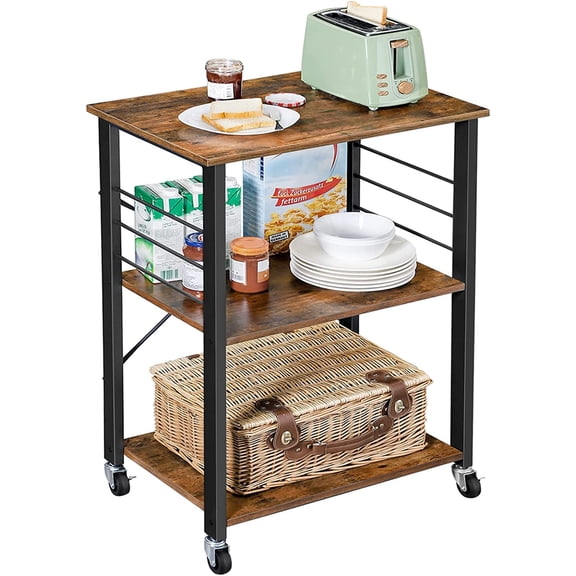 VASAGLE 3-Tier Kitchen Shelf on Wheels, Serving Cart, Kitchen Cart, Microwave Shelf, Rustic Brown