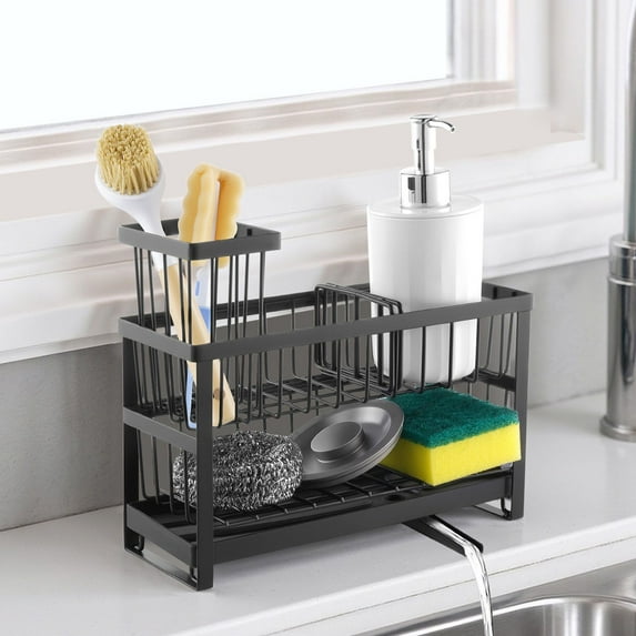 3-Tier Kitchen Sink Caddy Organizer with Sponge Holder, Drain Rack & Utensil Storage – Expandable, Adjustable Kitchen Counter Essentials Organizer for Dishes, Soap, Brushes (Black)