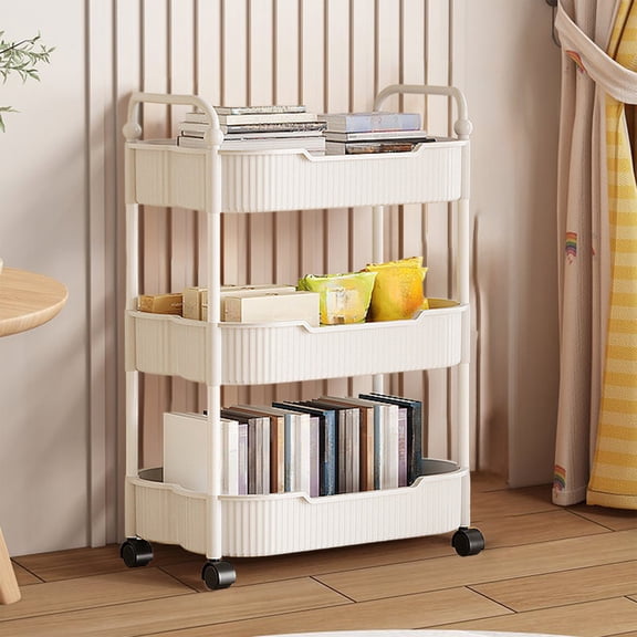 Jensvialia 3 Tier Kitchen Storage Cart with Armrests - Slim Rolling Utility Cart for Bathroom Toiletries Organizer - Narrow Storage Rack for Living Room Snacks Books Toys - Mobile Plastic Trolley