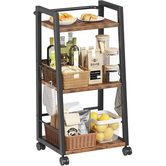 4 Tier Kitchen Storage Cart with Lockable Wheels & 6 Hooks, Mobile Utility Organizer Rolling Cart Brown
