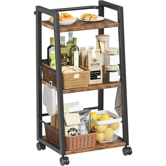 3 Tier Kitchen Storage Cart with Lockable Wheels & 6 Hooks, Mobile Utility Organizer Rolling Cart for Small Spaces, Bar Cart for Kitchen and Living Room, Rustic Brown