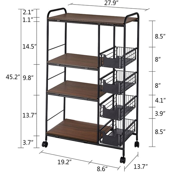 3-Tier Kitchen Storage Cart, Microwave Oven Stand Rack with 4 Pull-Out Baskets, 360 Rotating Kitchen Organizer Shelves, Walnut Color