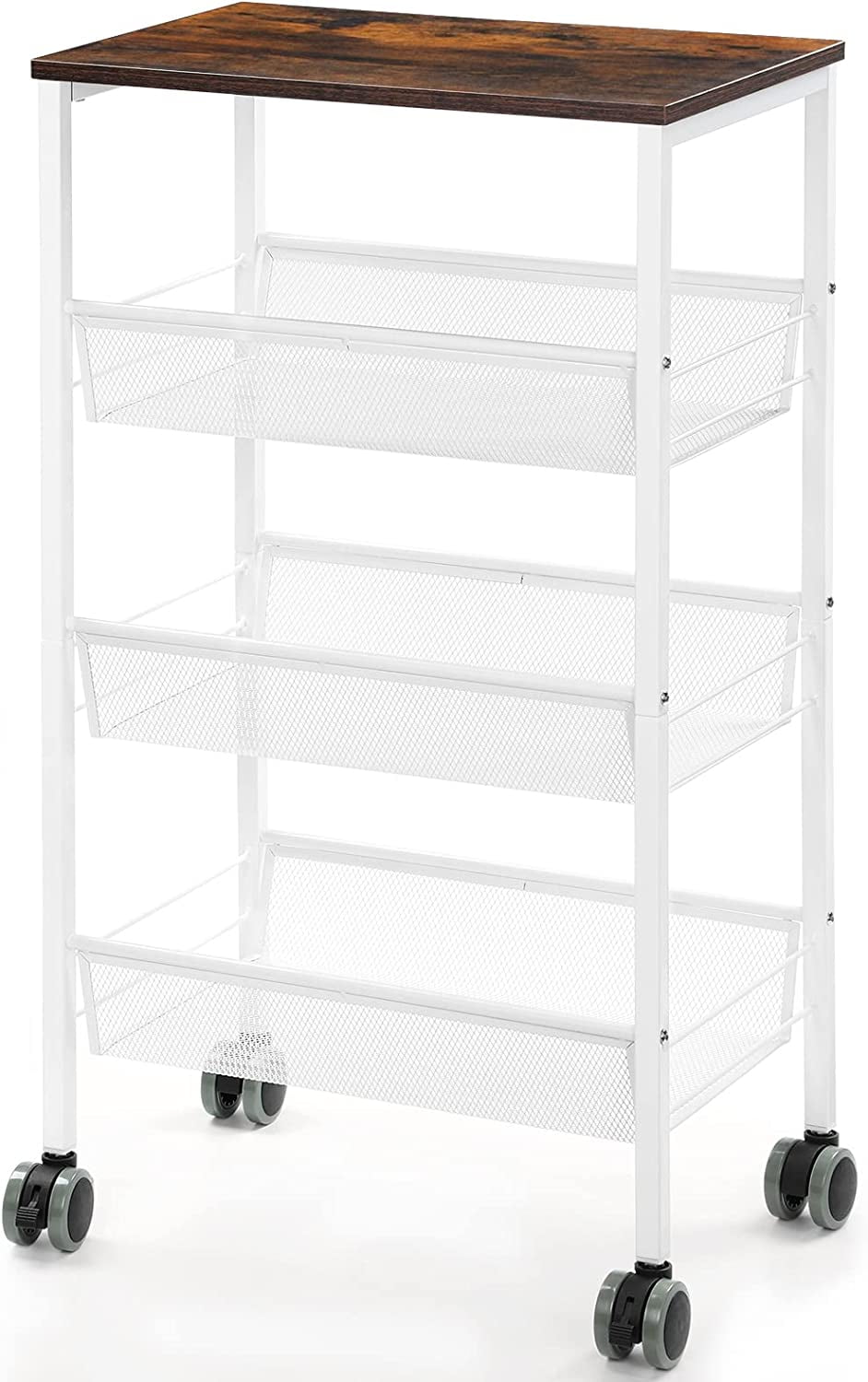 3 Tier Kitchen Storage Rack Cart with Lockable Wheels and Wood Top