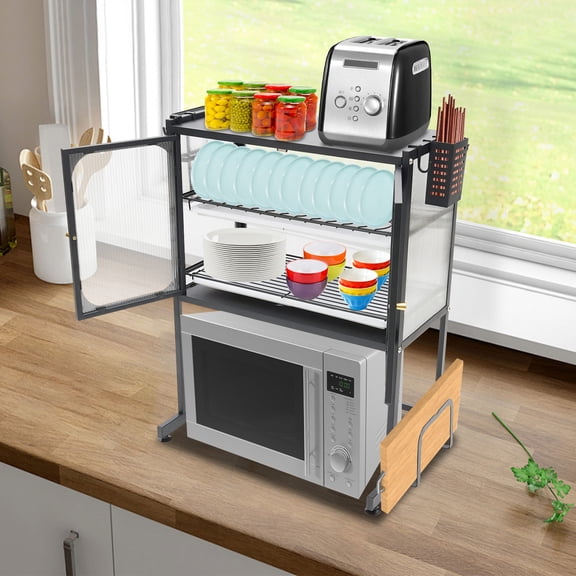 3-Tier Kitchen Storage Rack with Magnetic Doors, 56x37x76cm Iron Frame, 22lb Top Shelf for Microwave/Toaster