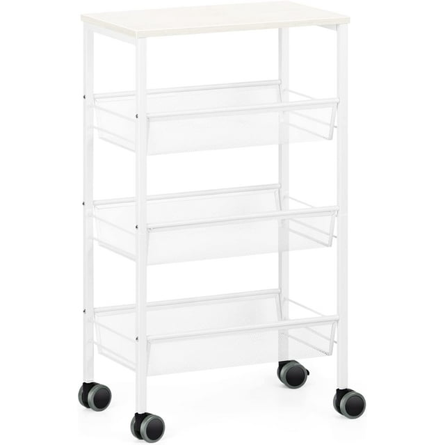 3 Tier Kitchen Storage Rolling Utility Cart with Wood Top, White