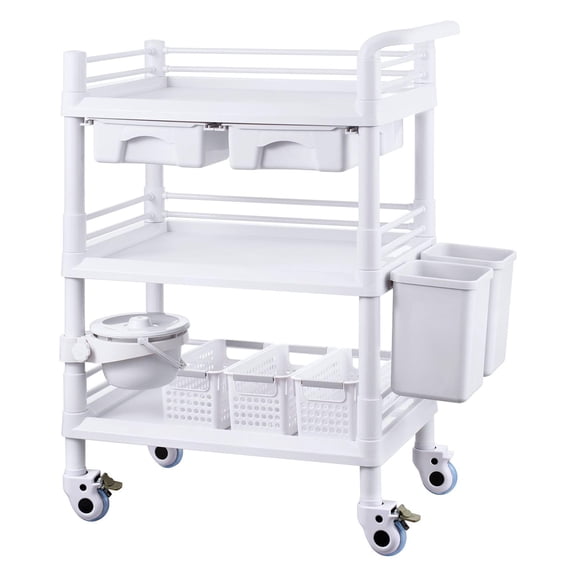 3 Tier Lab Cart with 3 PP Trays 4 Silent Wheels Mobile Medical Utility Rolling Cart for Clinic Hospital Salon White