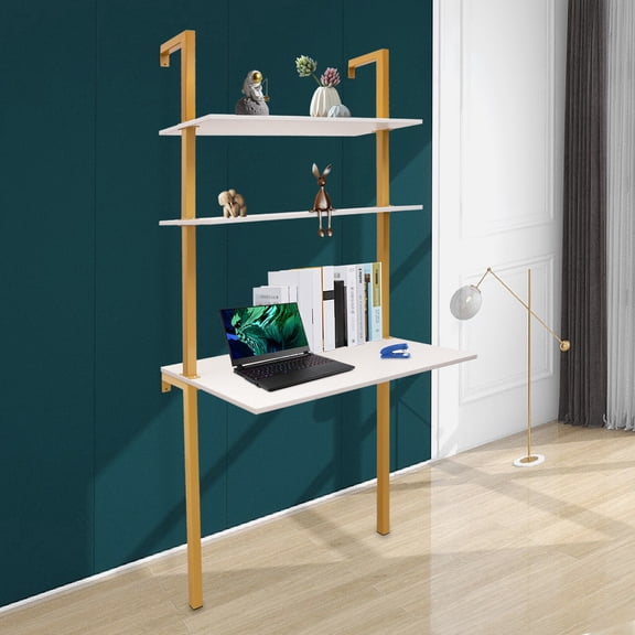3-Tier Ladder Desk, Wall Mounted Computer Desk, Floating Desk, Industrial Style, Gold/White, 20xD 30xW 72.8xH, Heavy Duty 110 lbs Top, Space Saving, for Office Bedroom