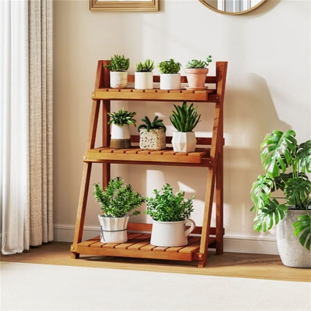 3 Tier Ladder Plant Stand Foldable Acacia Wood Indoor Outdoor Display Rack Natural