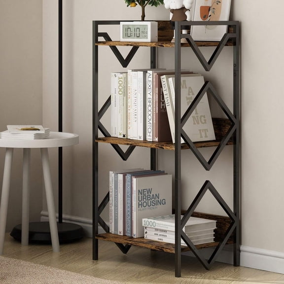 3 Tier Ladder Shelf Industrial Style Bookcase Small Space Storage Shelf 3 Open Shelves Metal Frame Wood Top Display Stand for Living Room Bedroom Office Rustic Bookshelf Side Table Plant Stand