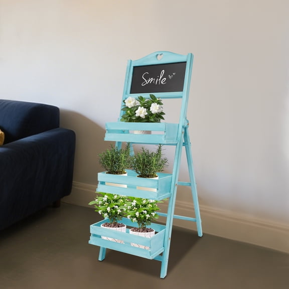 3-Tier Ladder Shelf, Plant Stand for Plants, Wooden Plant Rack with Chalkboard Photography Background