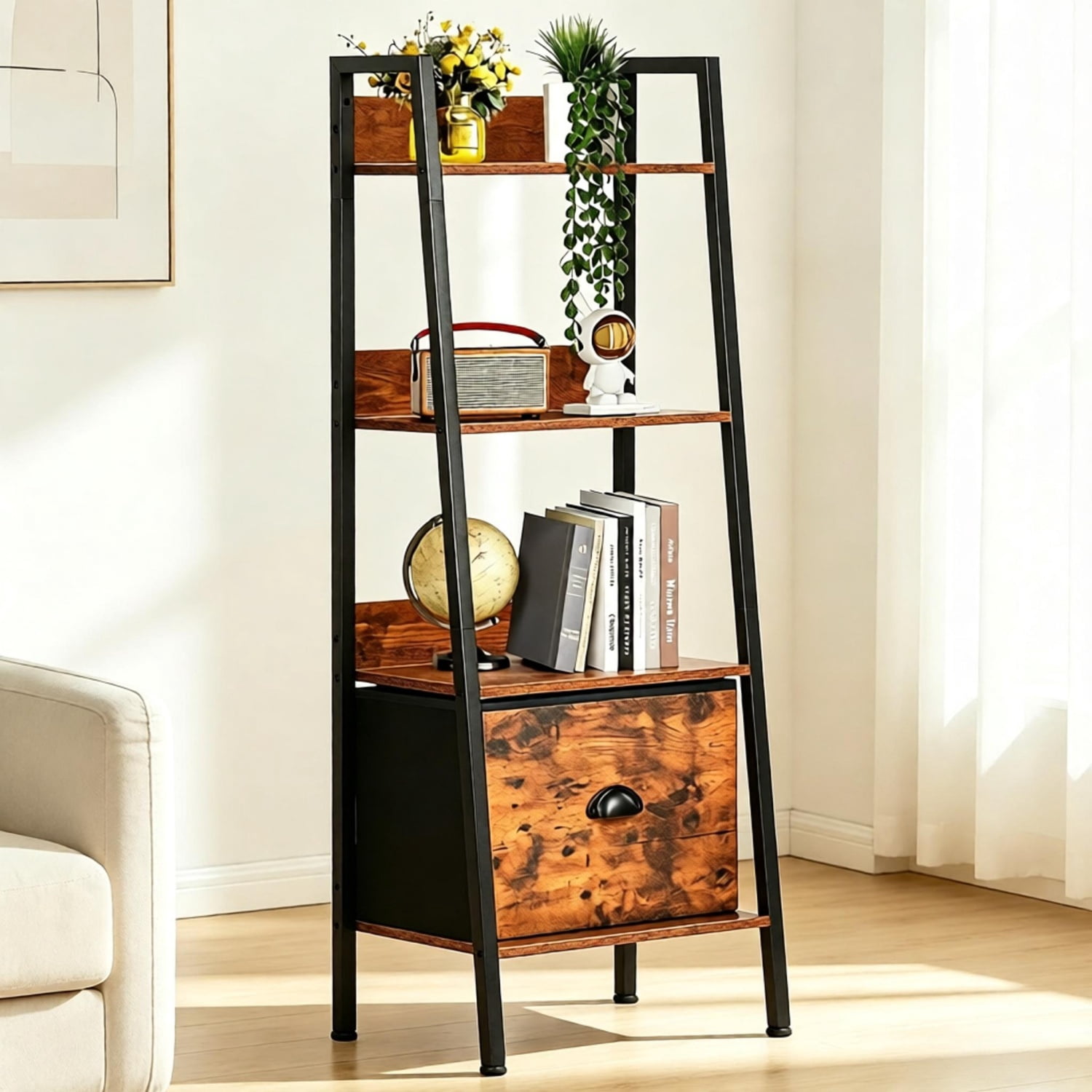 3 Tier Ladder Shelf with Removable Drawer, Bookshelf Bookcase Storage Rack Organizer, Freestanding Storage Shelf for Living Room, Home Office, Bedroom, Brown