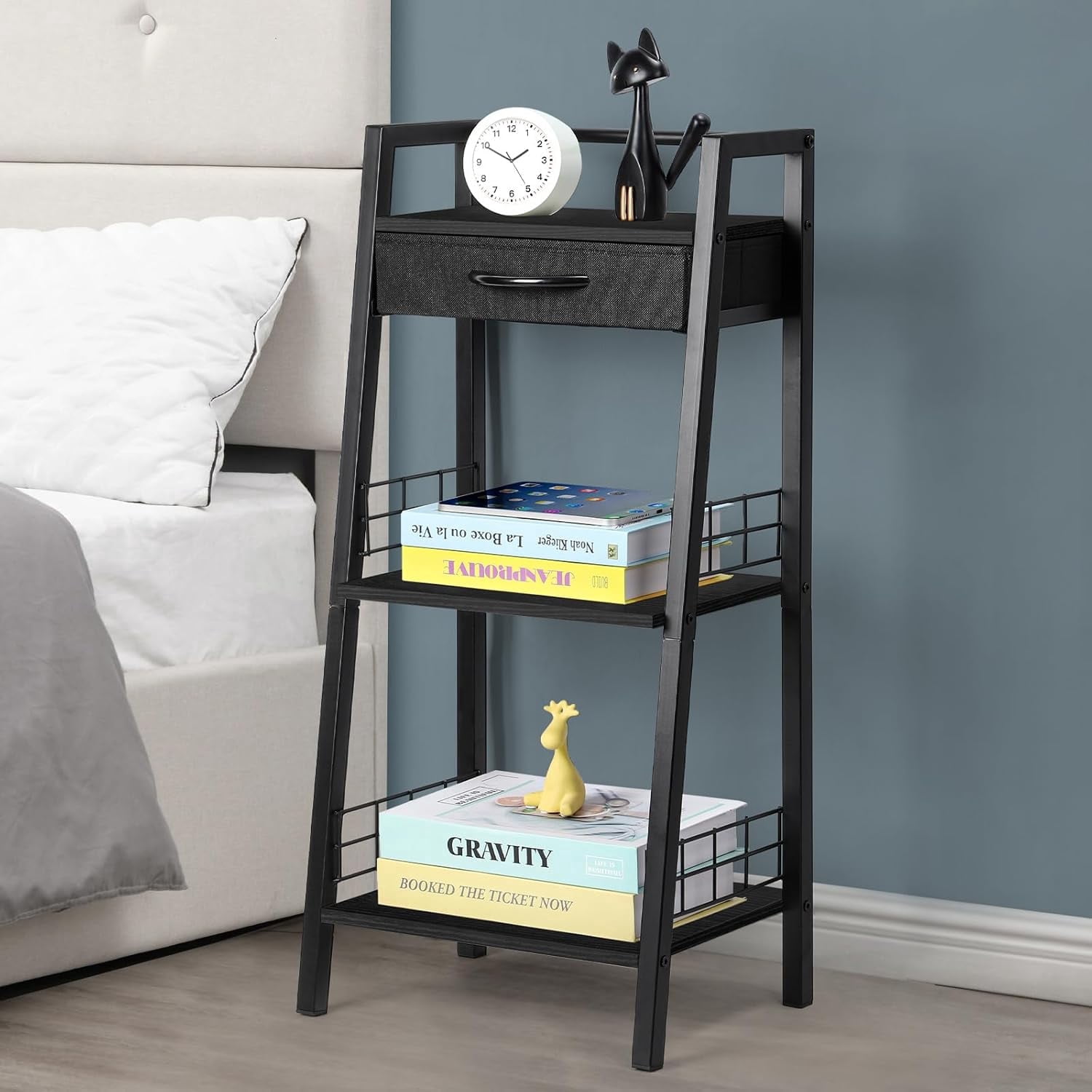 Ladder Storage Racks 3 3-Tier Ladder Shelf with Drawer, Black Freestanding Storage Rack for ...