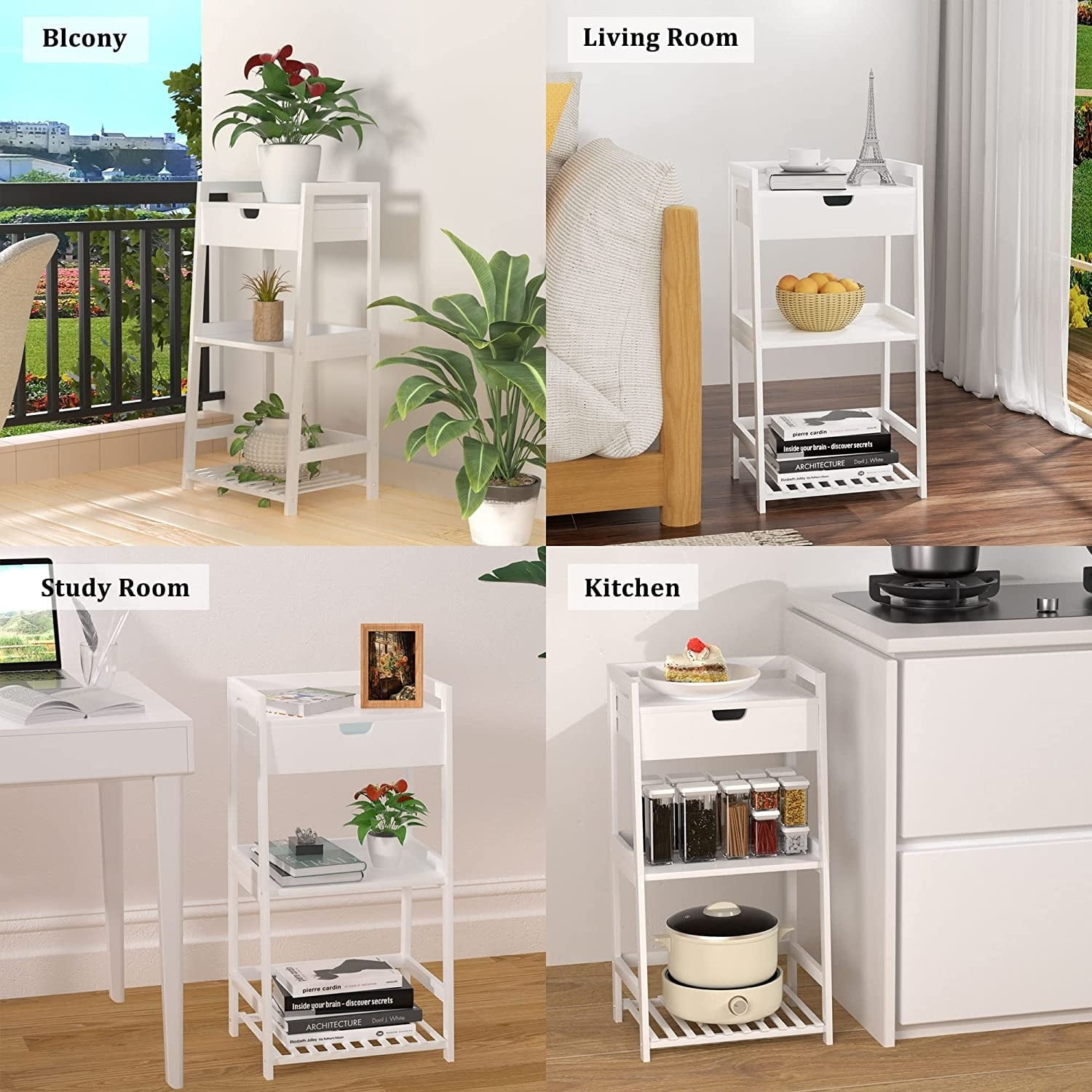 3 Tier Ladder Shelf with Drawers, Bamboo Nightstand Open Shelving