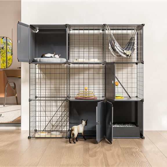 3-Tier Large Cat Enclosure with Litter Box Area, Modular Metal Wire Catio Playpen for Indoor and Outdoor Use, DIY Multi-Level Pet Kennel for Cats, Kittens, and Small Animals (35.4"L x 15.7"W x 35.4"H