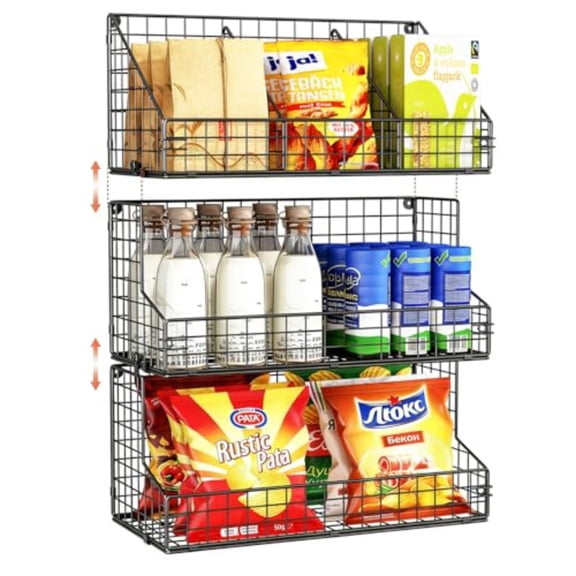 3 Tier Large Stackable Snack Organizer - Versatile Wall Mounted Wire Storage Basket with Divider for Candy Chip Cans Bars - Ideal for Pantry Office Home