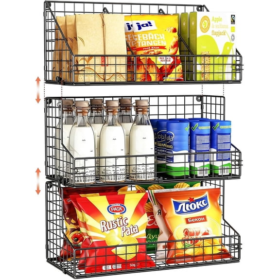 3 Tier Large Stackable Snack Organizer - Versatile Wall Mounted Wire Storage Basket with Divider for Candy Chip Cans Bars - Ideal for Pantry Office Home