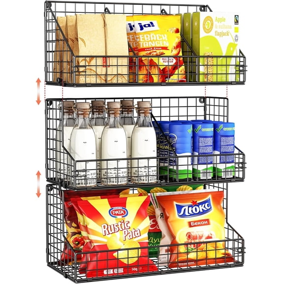 3 Tier Large Stackable Snack Organizer - Versatile Wall Mounted Wire Storage Basket with Divider for Candy Chip Cans Bars - Ideal for Pantry Office Home