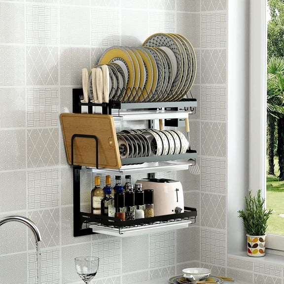 3 Tier Large Wall Mounted Dish Drainer, Stainless Steel Dish Rack, Dish Drying Rack for Kitchen with Utensil Organizer (Black)