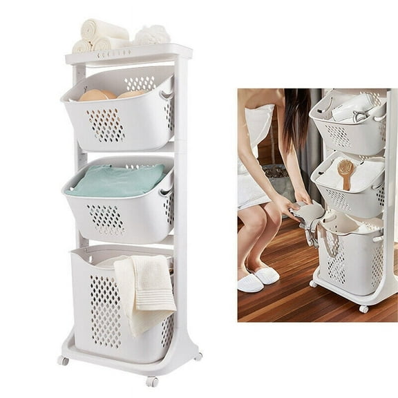 3-Tier Laundry Basket, Portable Home Rolling Laundry Hamper Cart w/Wheels, Clothes Hamper with Portable Storage Baskets for Bathroom Laundry Room Dorm, White